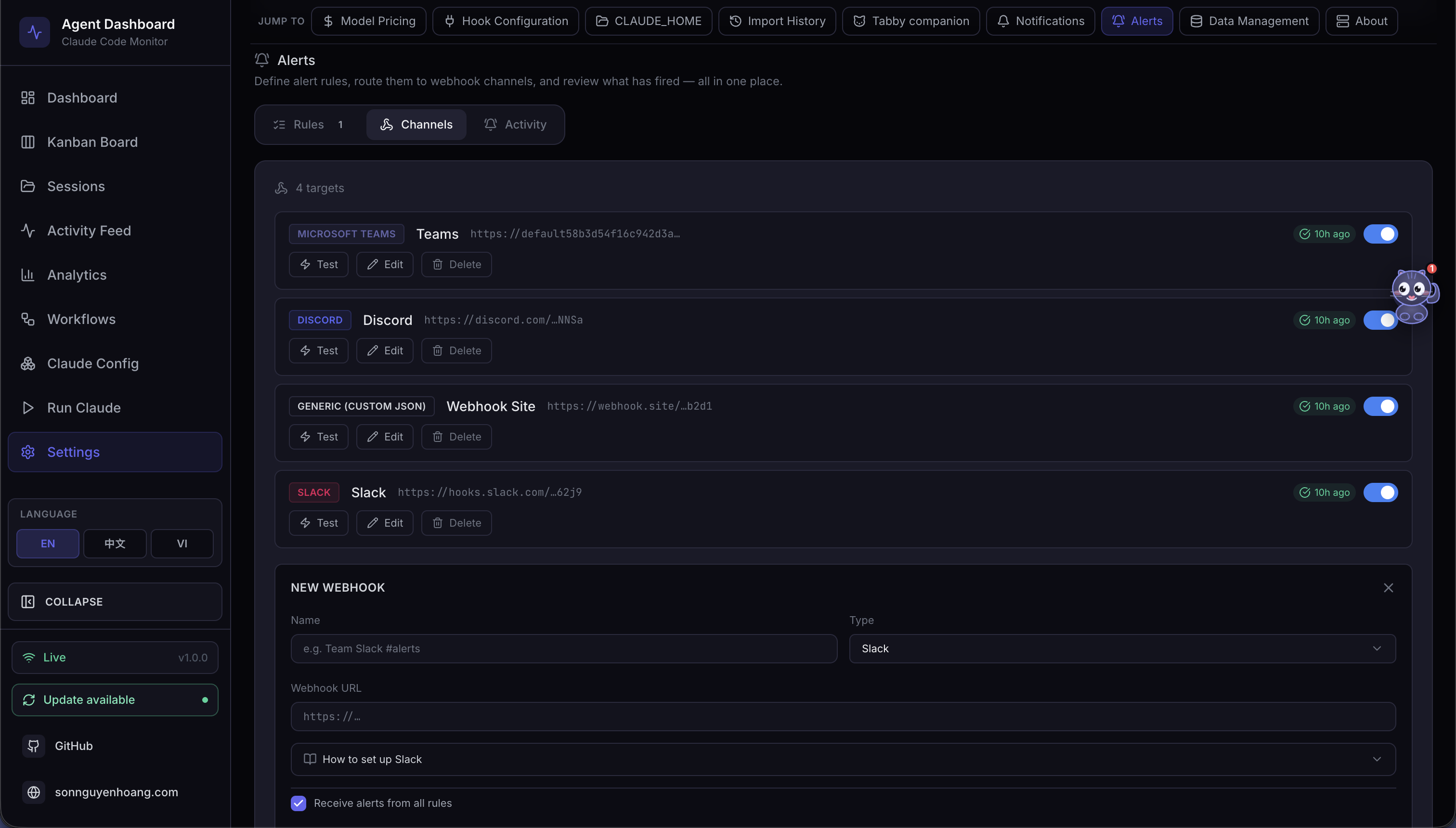 Settings Alerts and Webhooks
