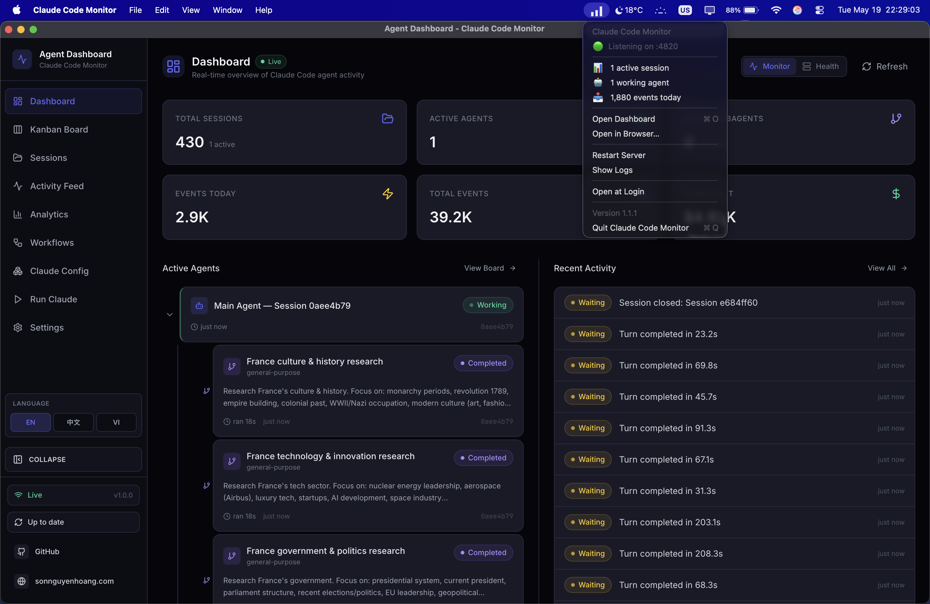 Claude Code Monitor running as a native macOS desktop app