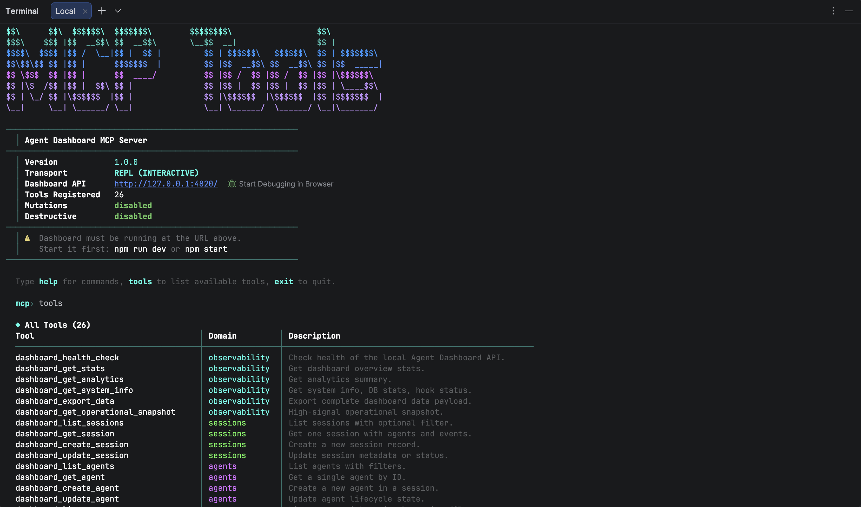 MCP Server interactive REPL showing the MCP Tools banner, server info, and tool listing with colored output