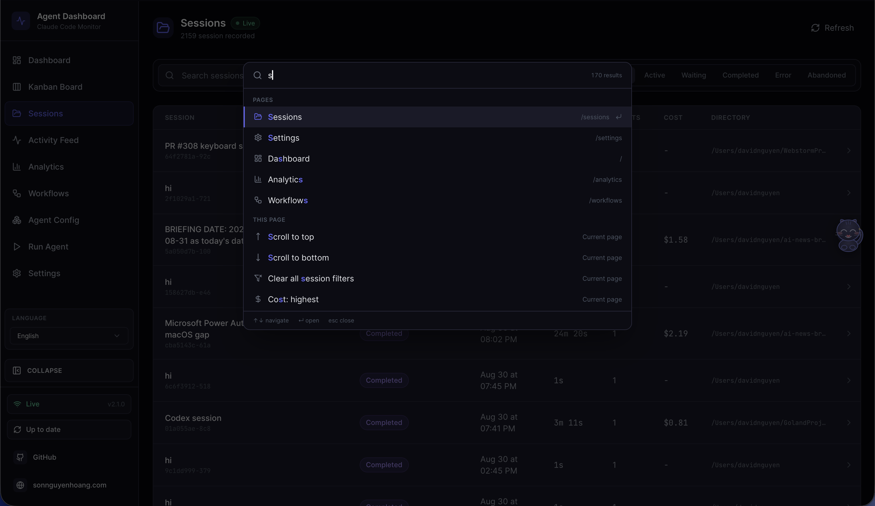 Command Palette open over the Sessions page