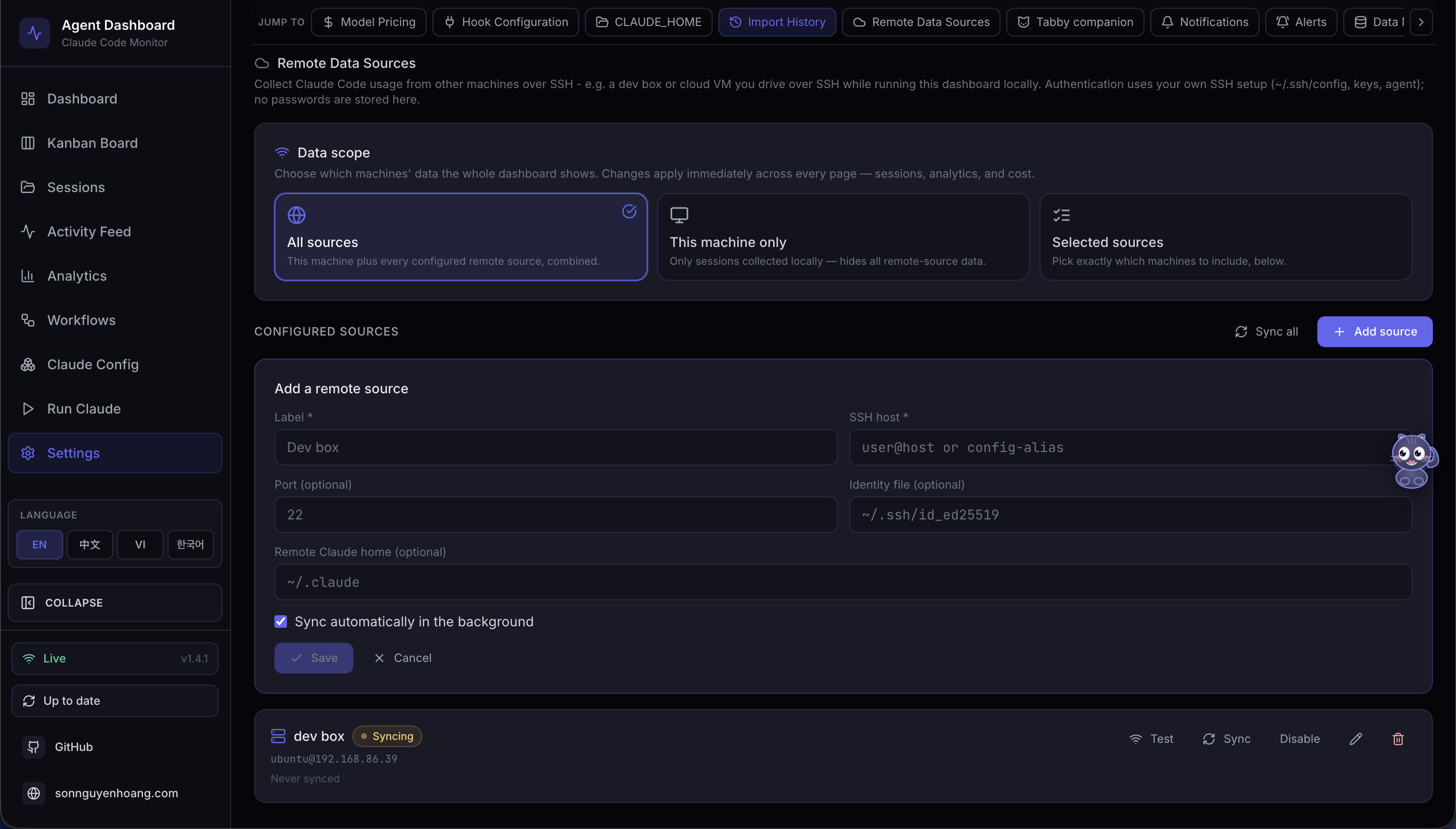 Settings Remote Data Sources panel with SSH sources and data-scope selector