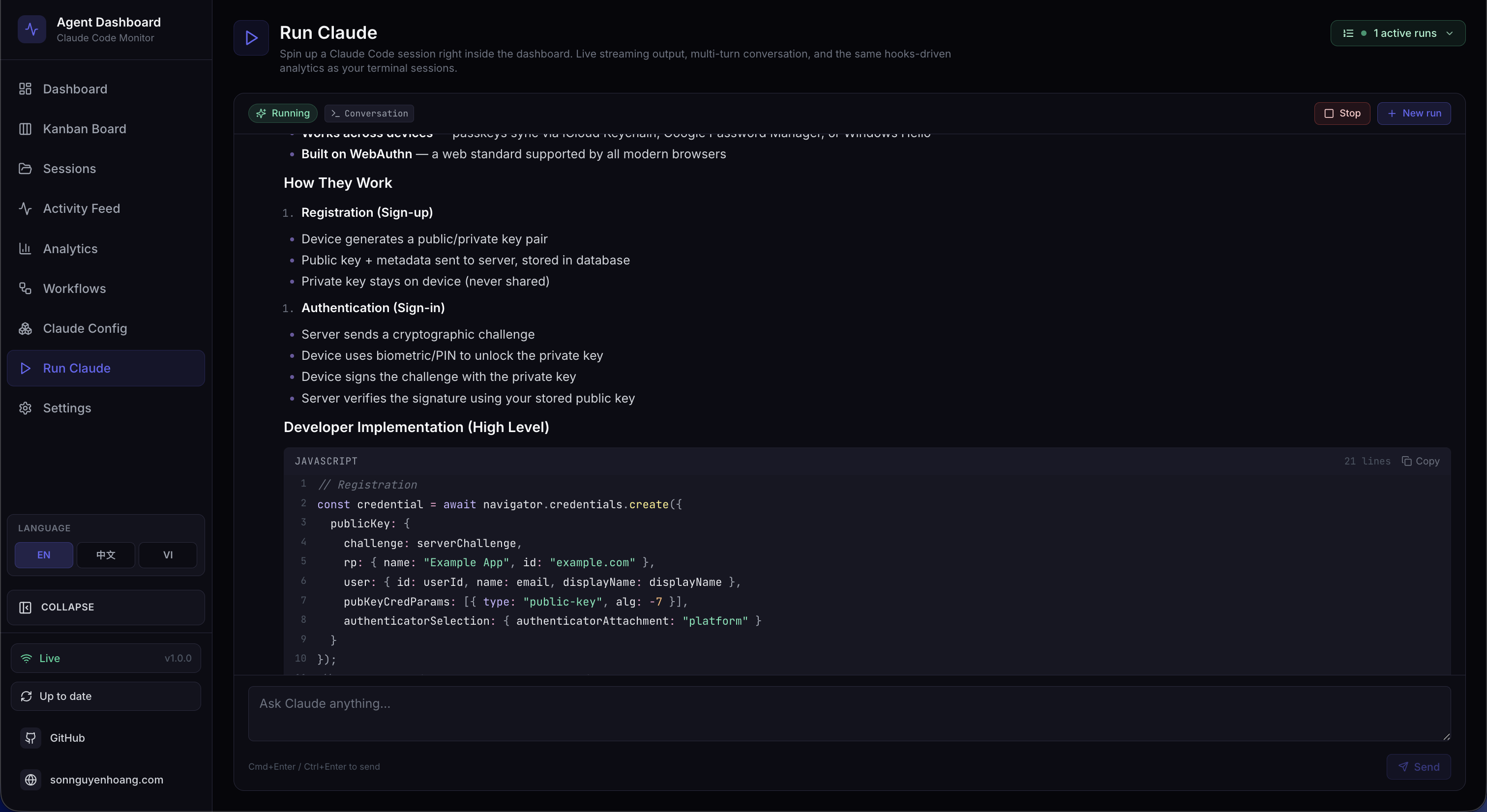 Run Claude live streaming output