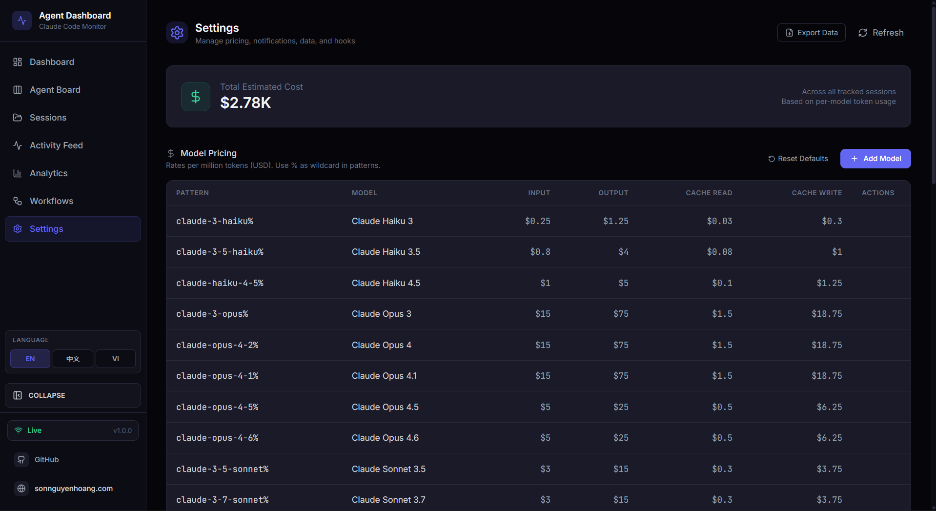 Settings page with model pricing editor, hook status, data management, and system info