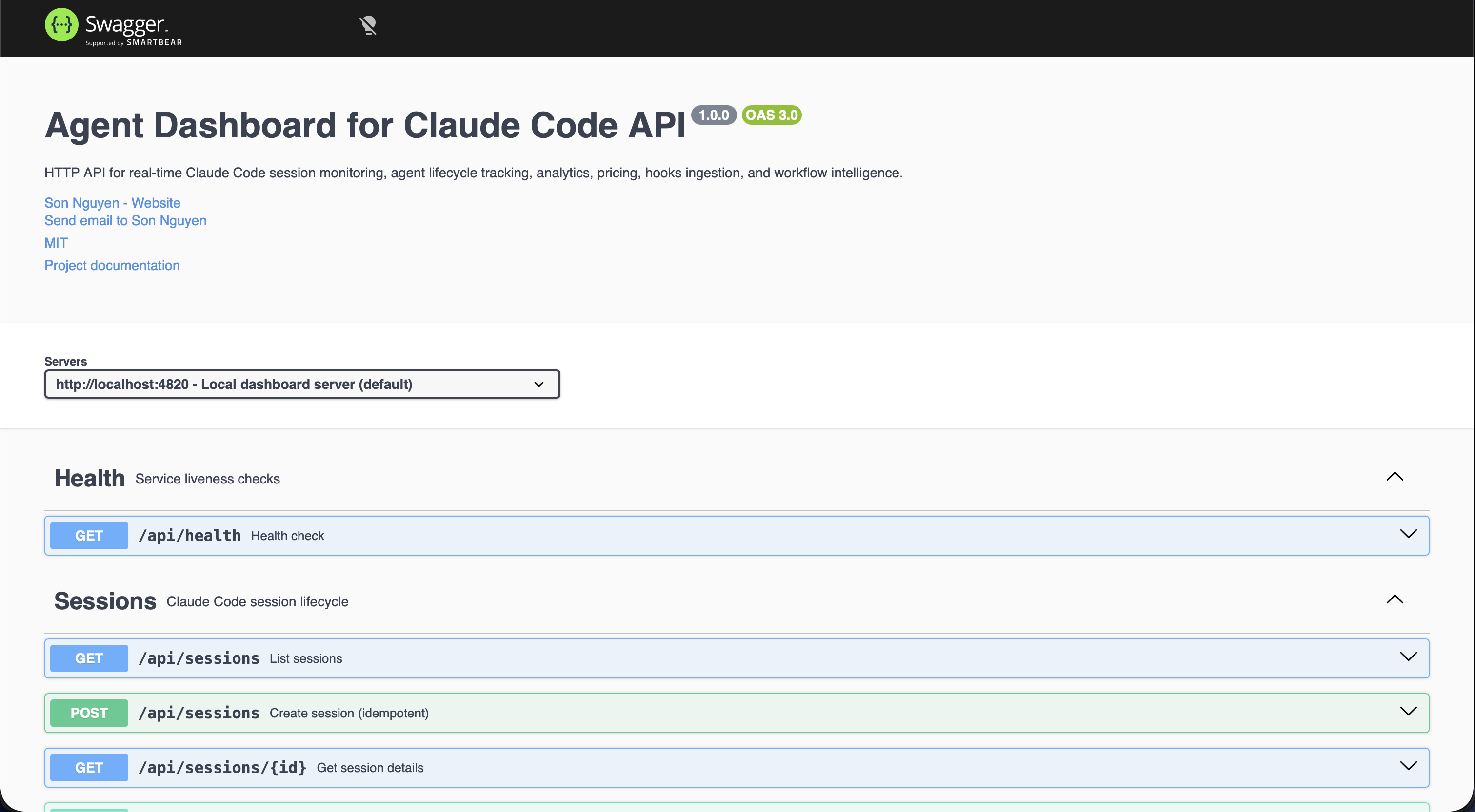 Interactive Swagger UI rendering the dashboard's OpenAPI 3.0 spec, with collapsible endpoint groups, request/response schemas, and try-it-out controls