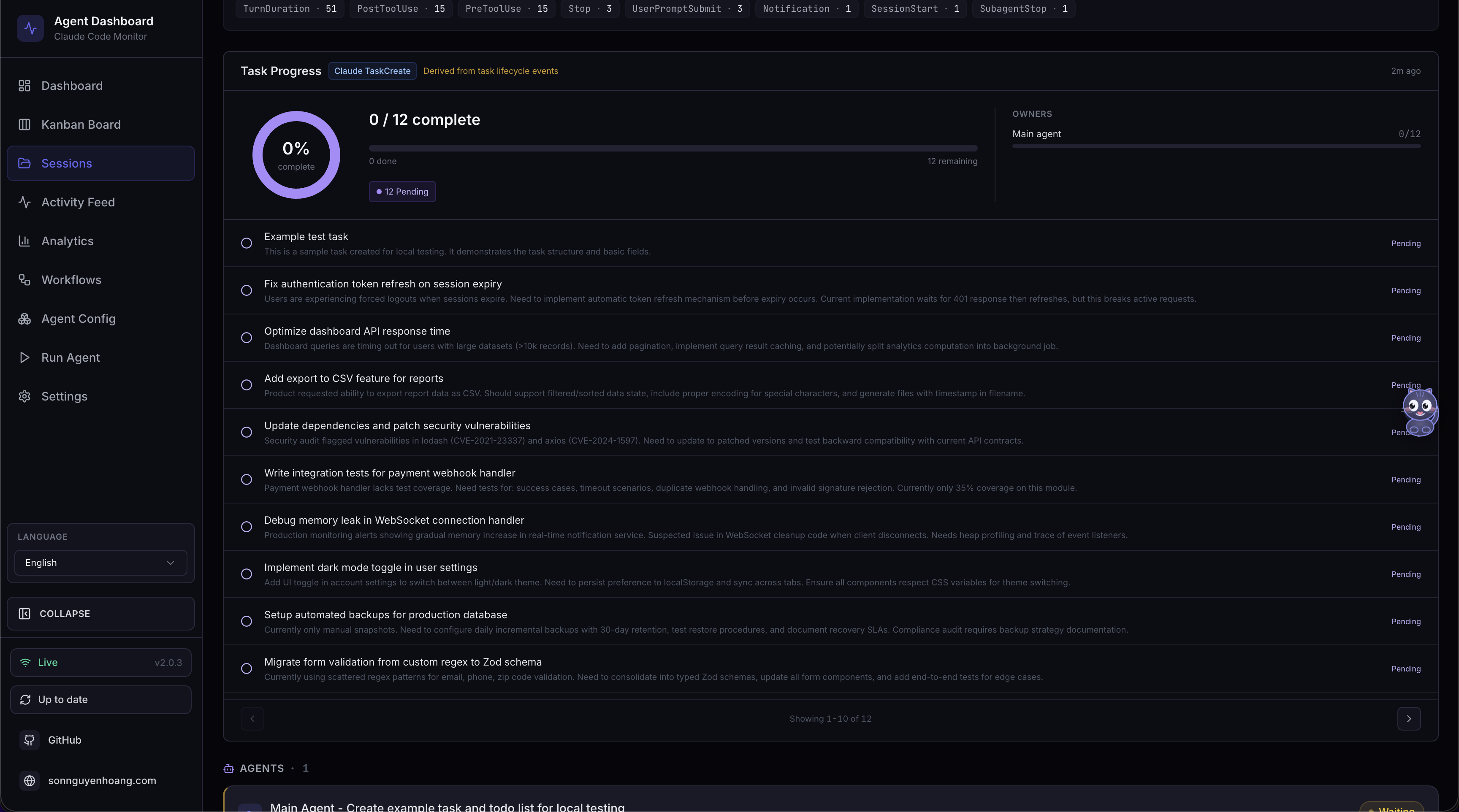 Task Progress panel on Session Detail