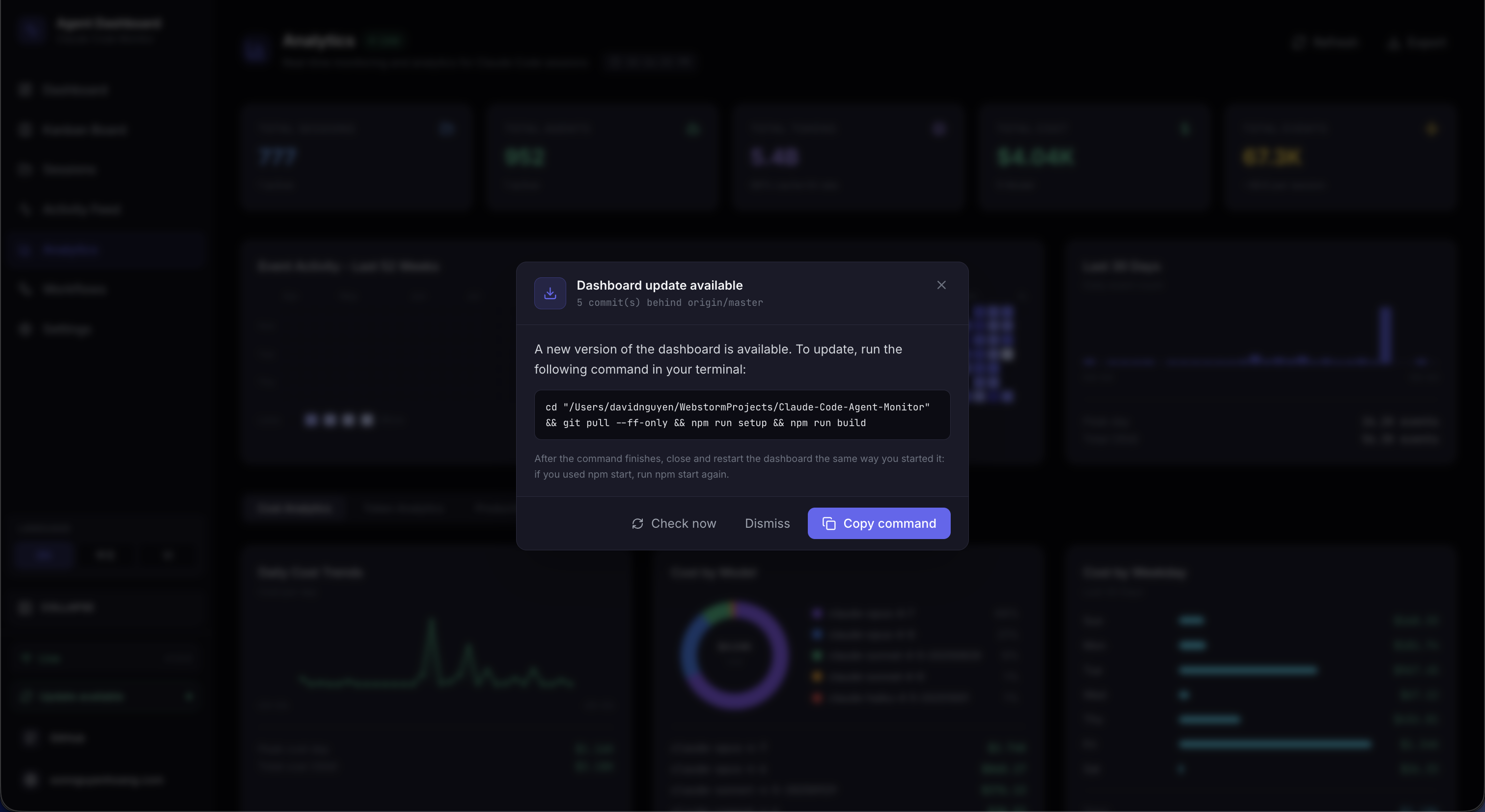 Update modal showing commits-behind count and copy-to-clipboard command