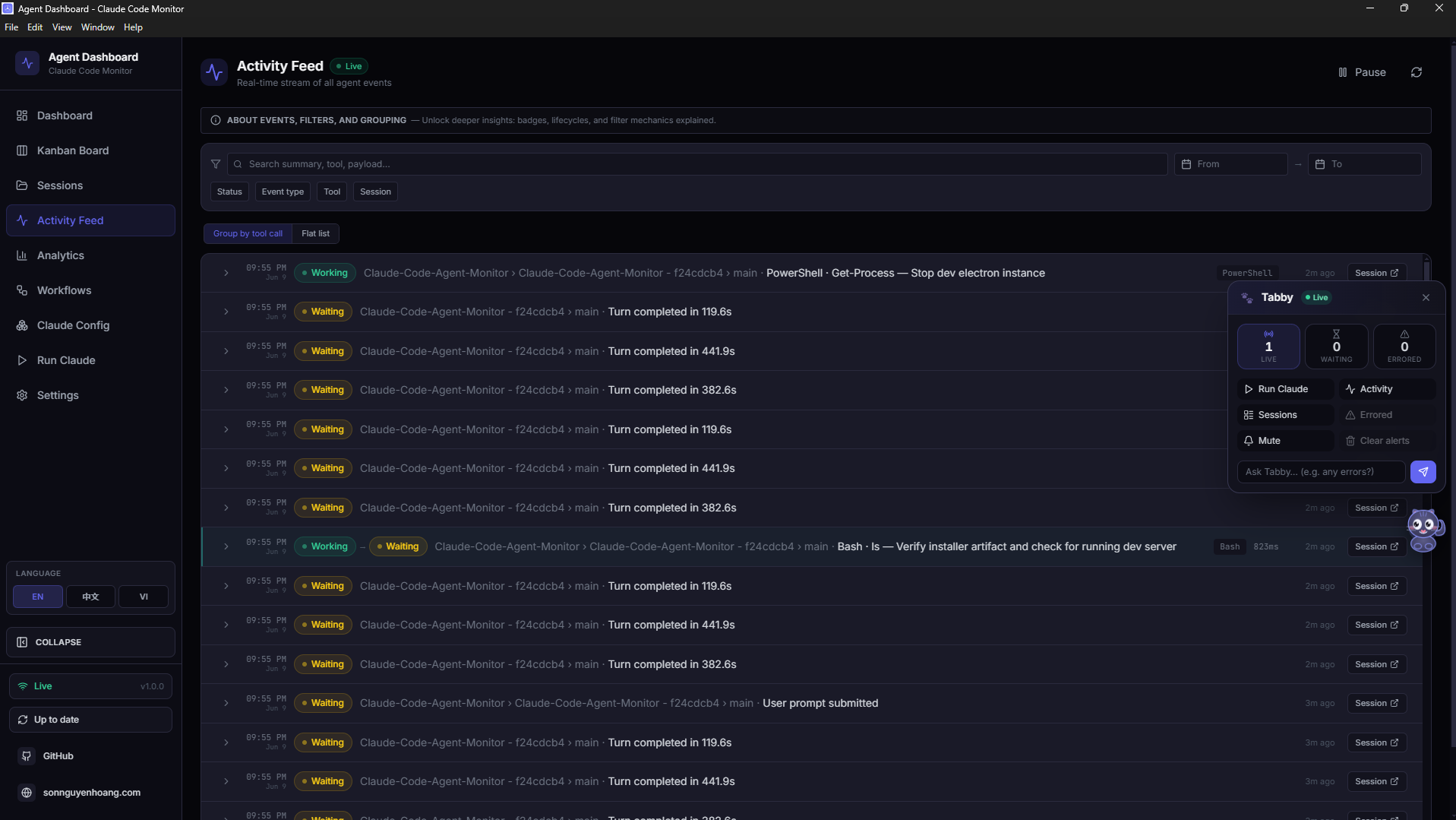 Claude Code Monitor running as a native desktop app on Windows, showing the Activity Feed, native Windows window menu, and Tabby companion