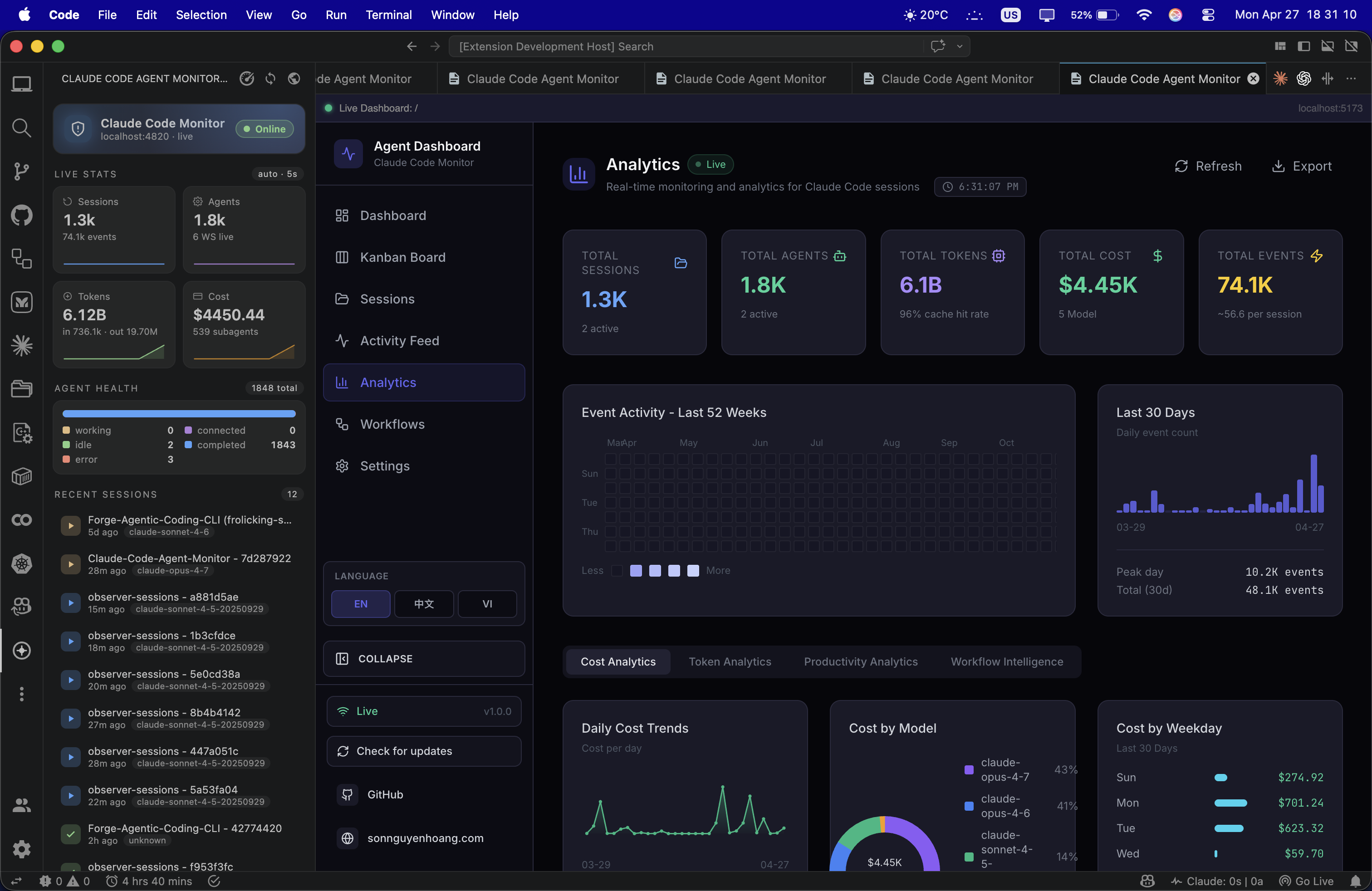 VS Code Extension sidebar showing live health, analytics, and navigation