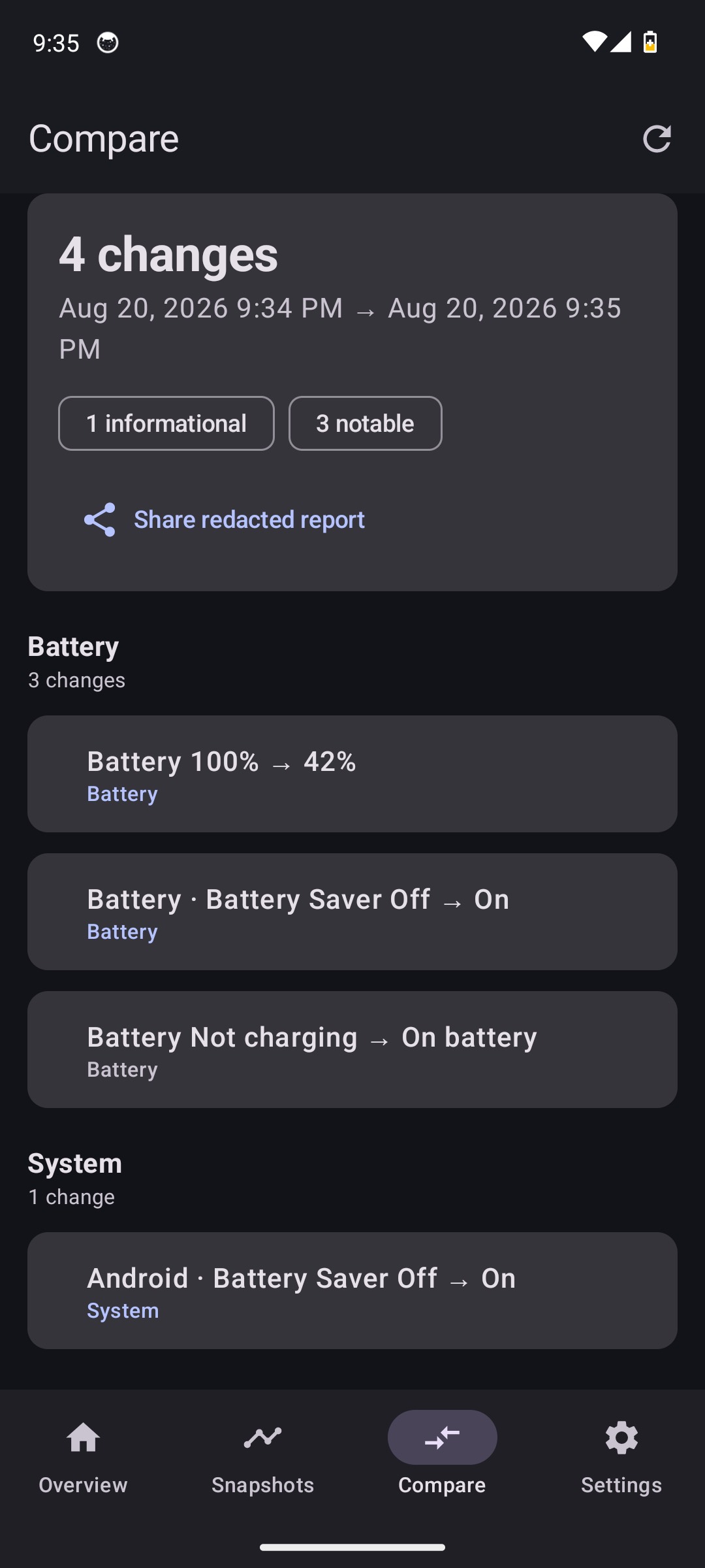 Android compare screen with battery and system changes and a share-redacted-report action.
