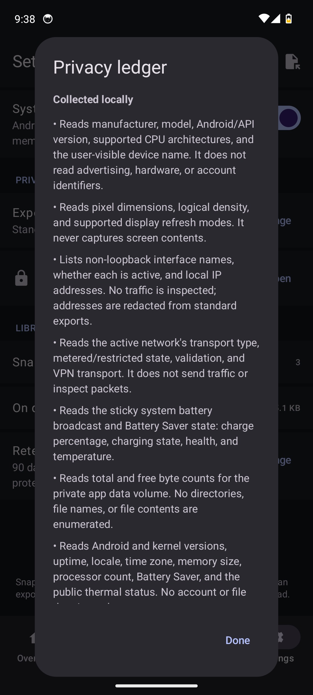Android privacy ledger: on-device storage, never-collected list, and classification.