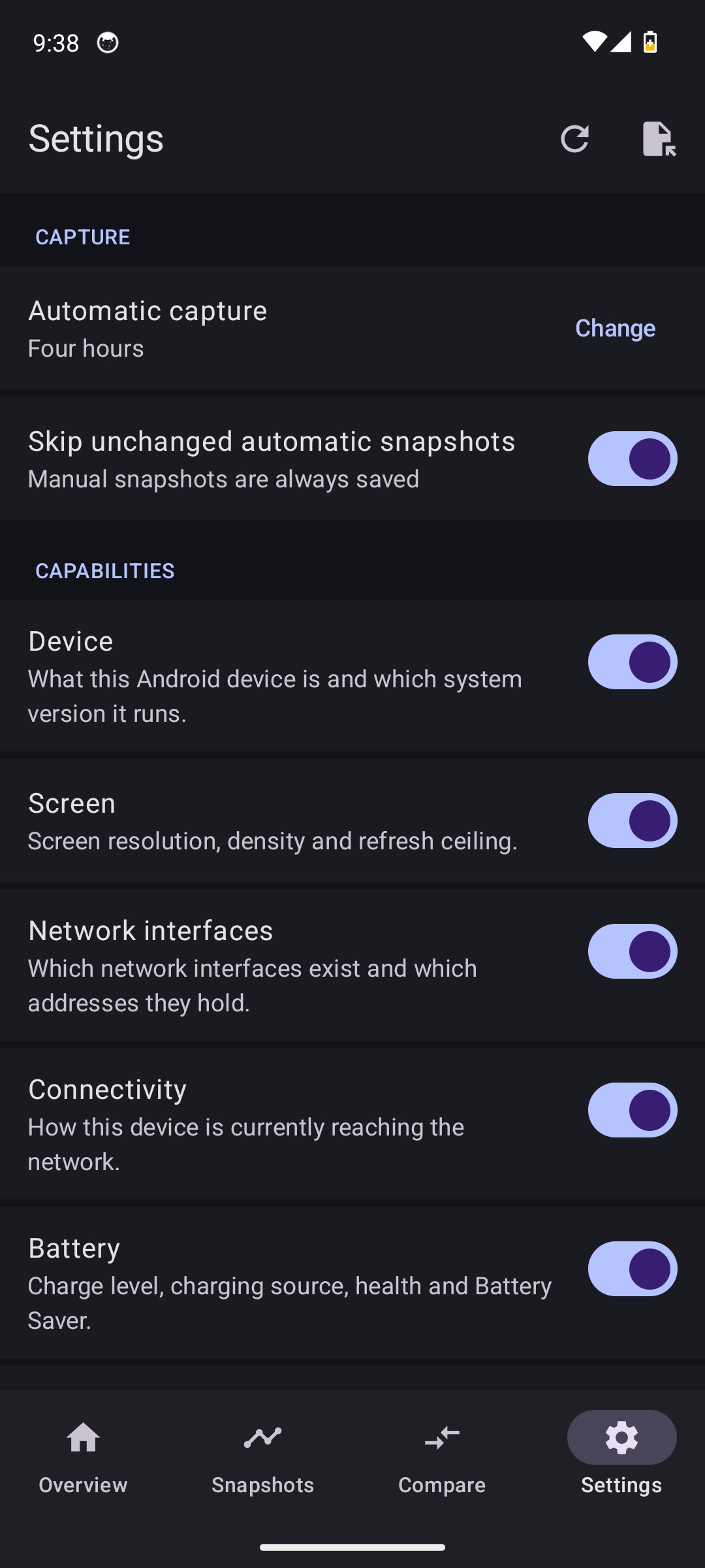 Diffuse for Android settings: capture cadence, skip-unchanged, and capability toggles. No Internet permission.