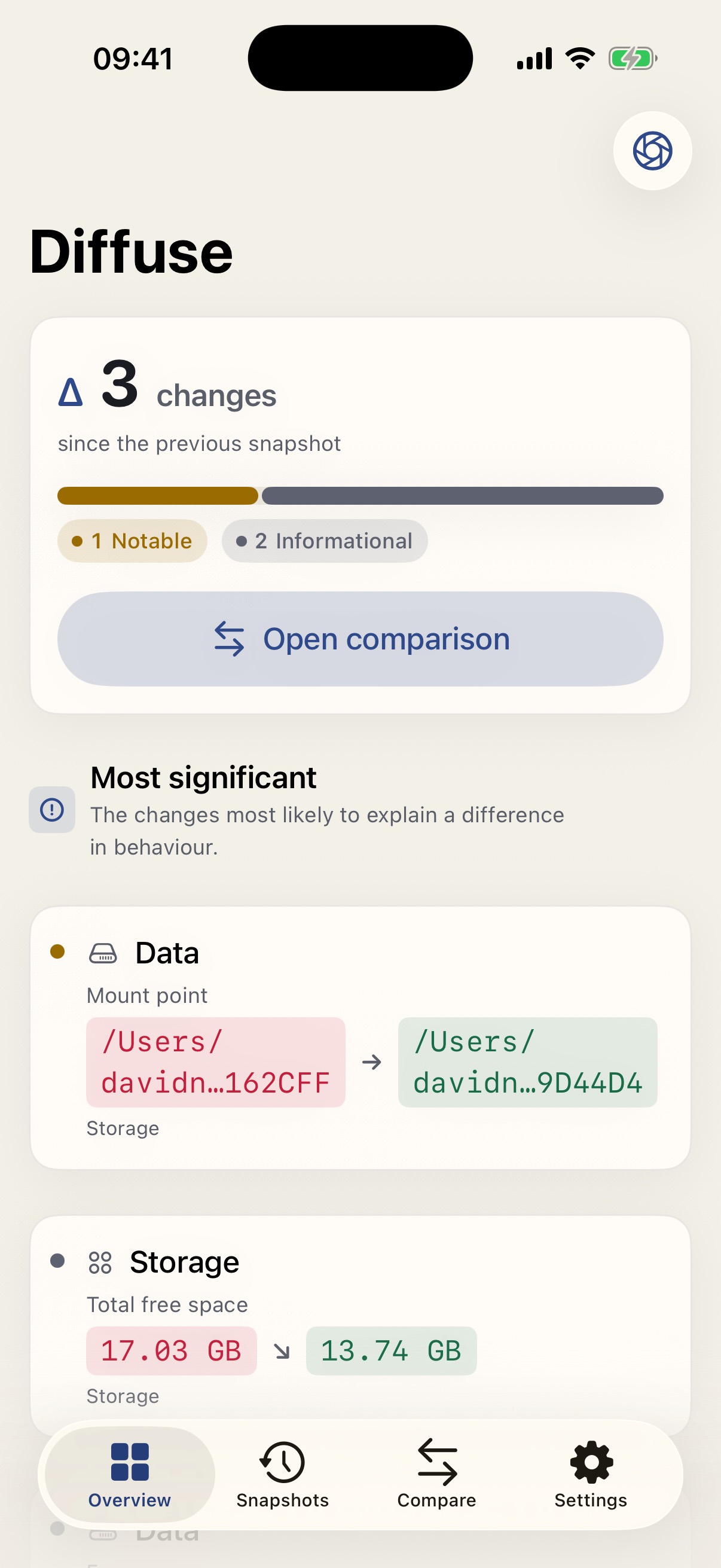 Diffuse on iPhone: four changes since the previous snapshot, Wi-Fi to Cellular.