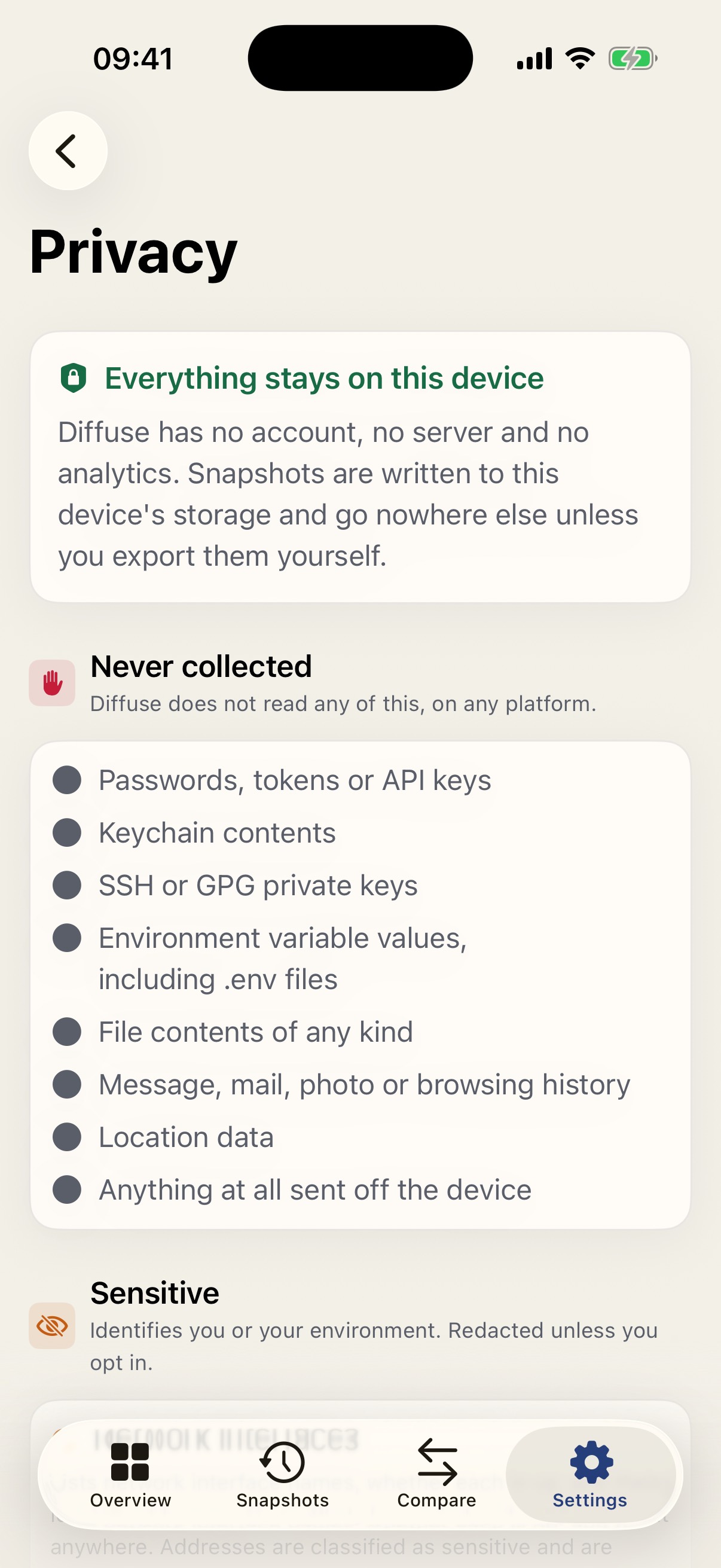 iPhone privacy screen: everything stays on this device, never collected.