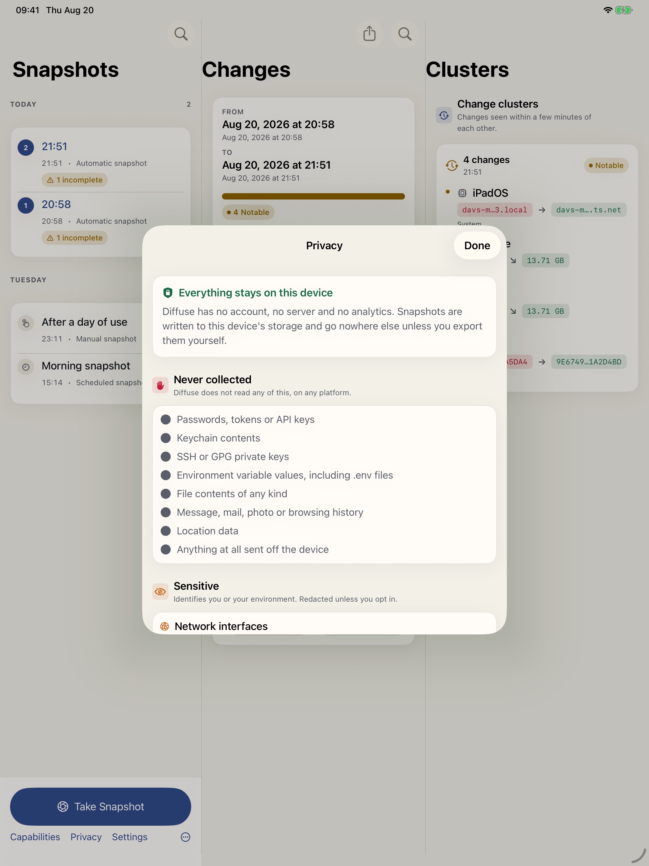 iPad privacy sheet over the three-column workspace.