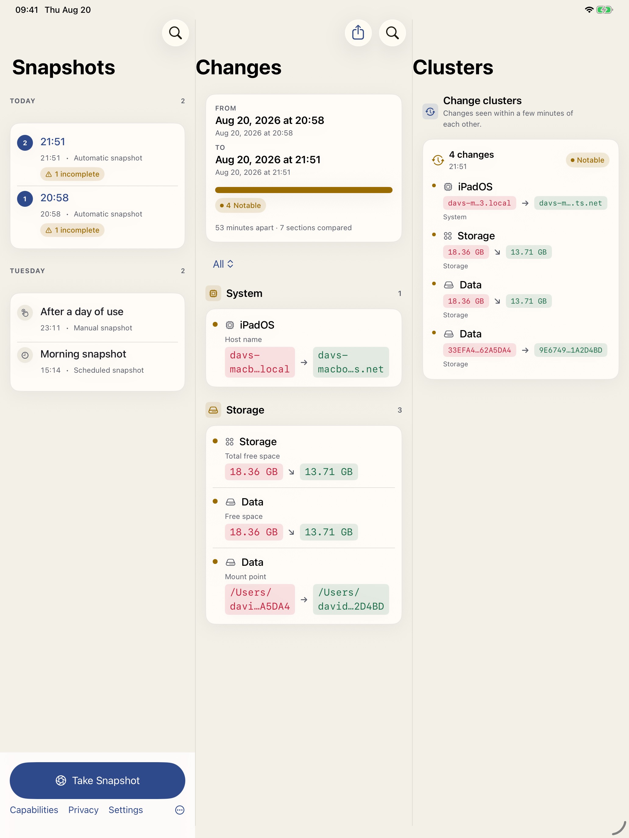 iPad three-column workspace: snapshots, changes, and clusters.