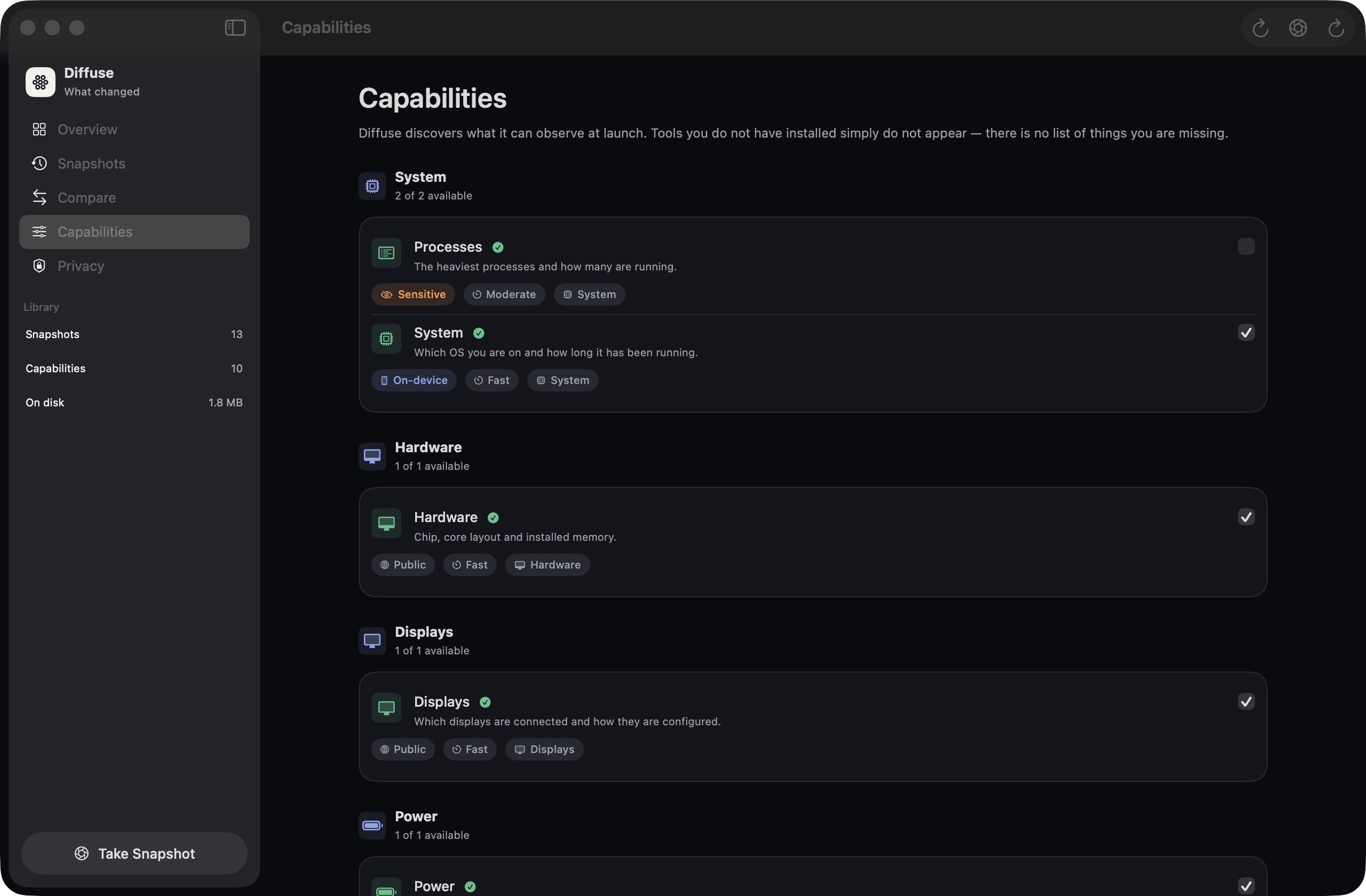 Mac capabilities list: system, hardware, displays, network, storage, developer tools, and git watch list.