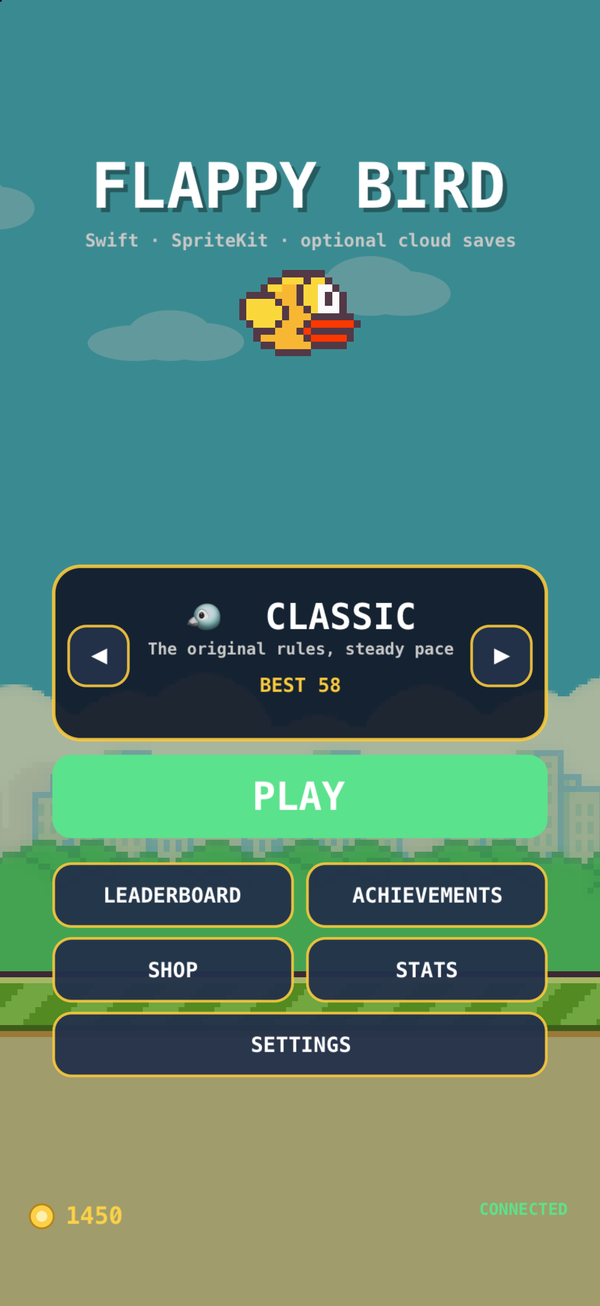 The main menu, showing the mode selector, personal best and coin wallet