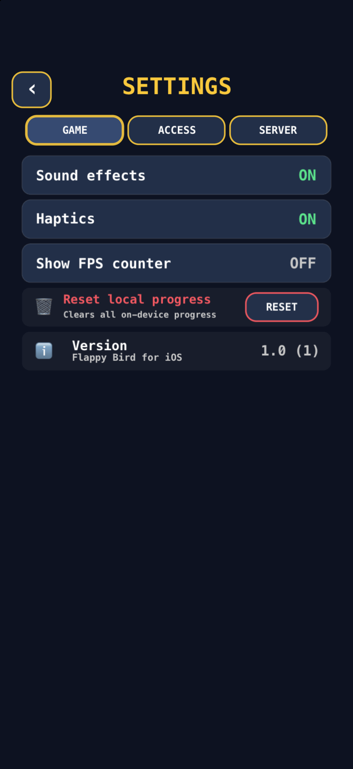 Settings, including the optional server configuration