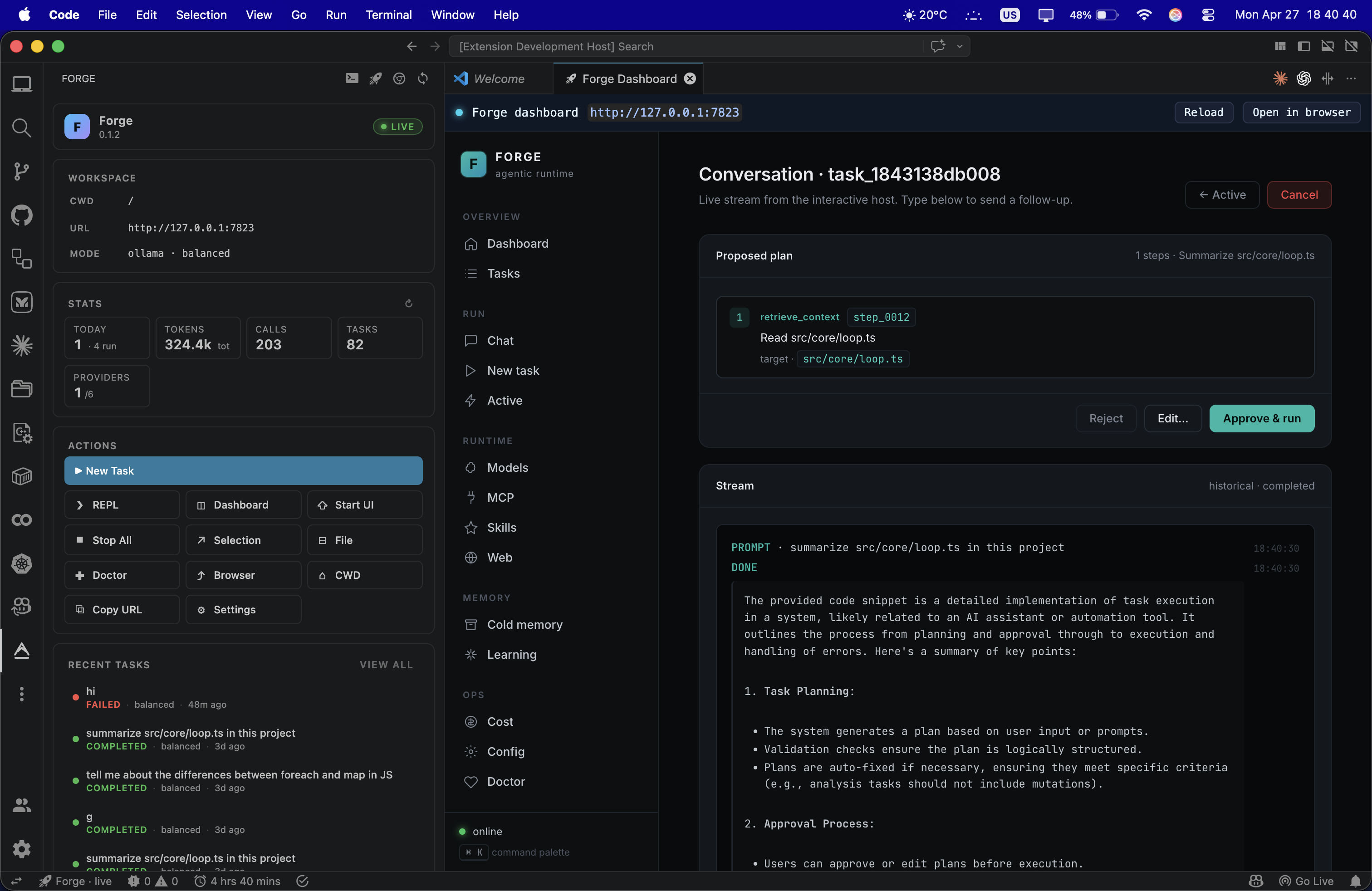 Forge for VS Code — activity-bar sidebar with stats, recent tasks, and quick actions