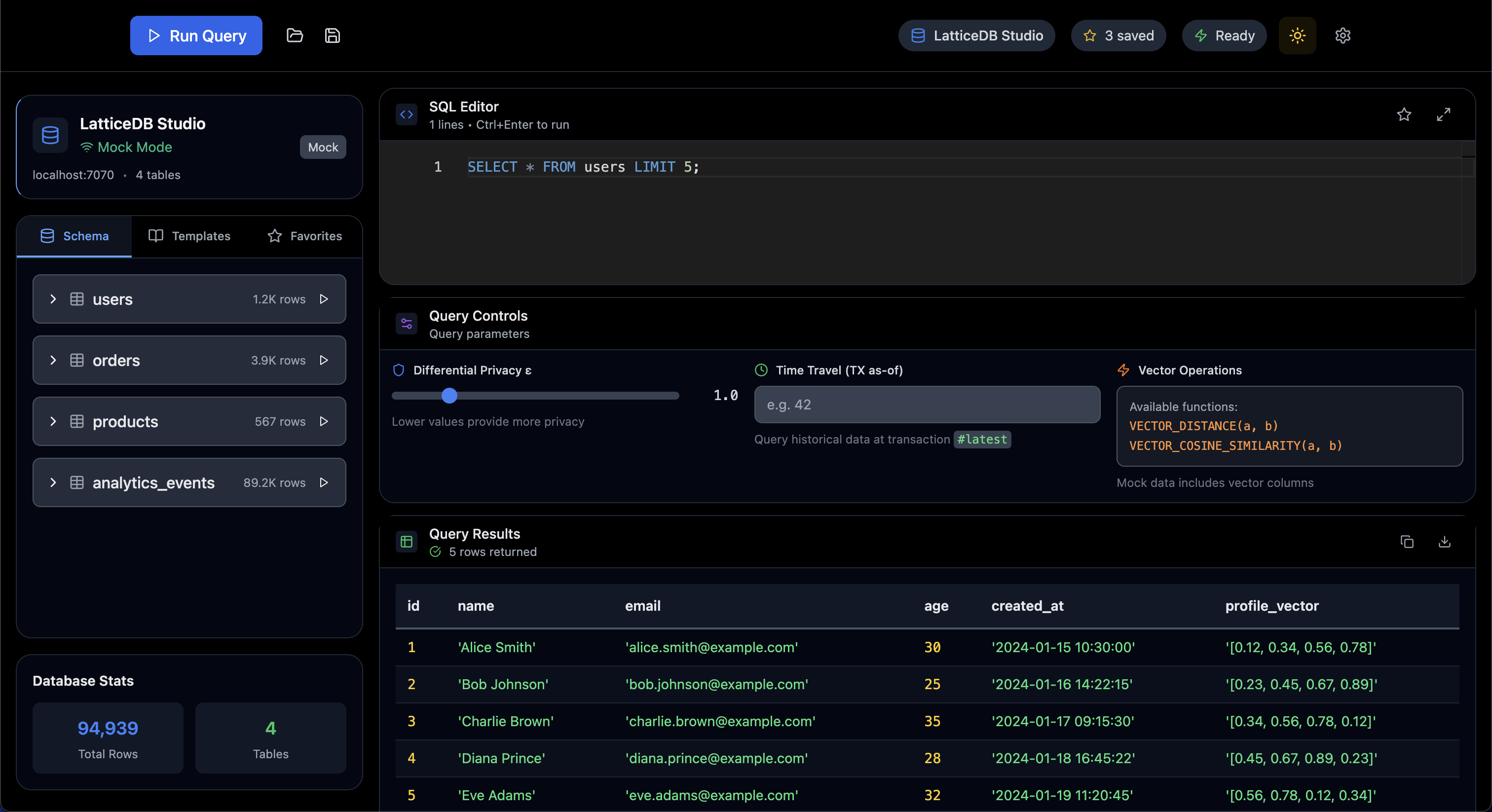 LatticeDB GUI Dark Mode Screenshot