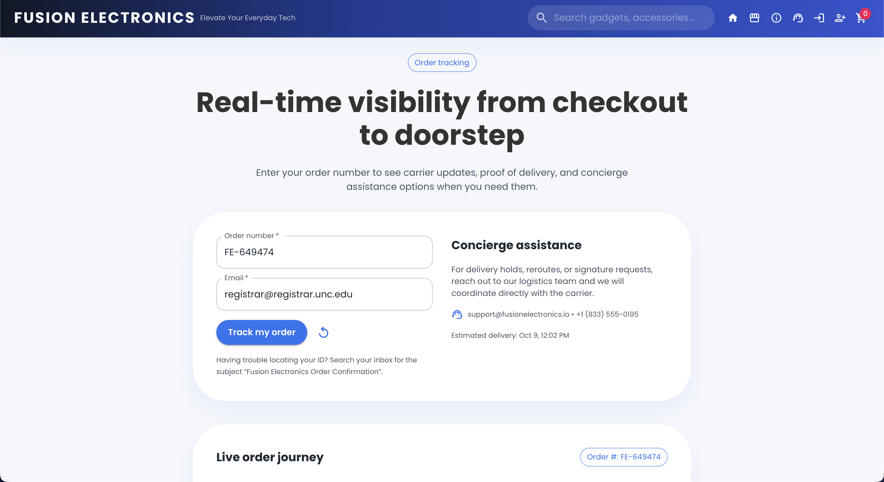 Fusion Electronics Order Tracking Page