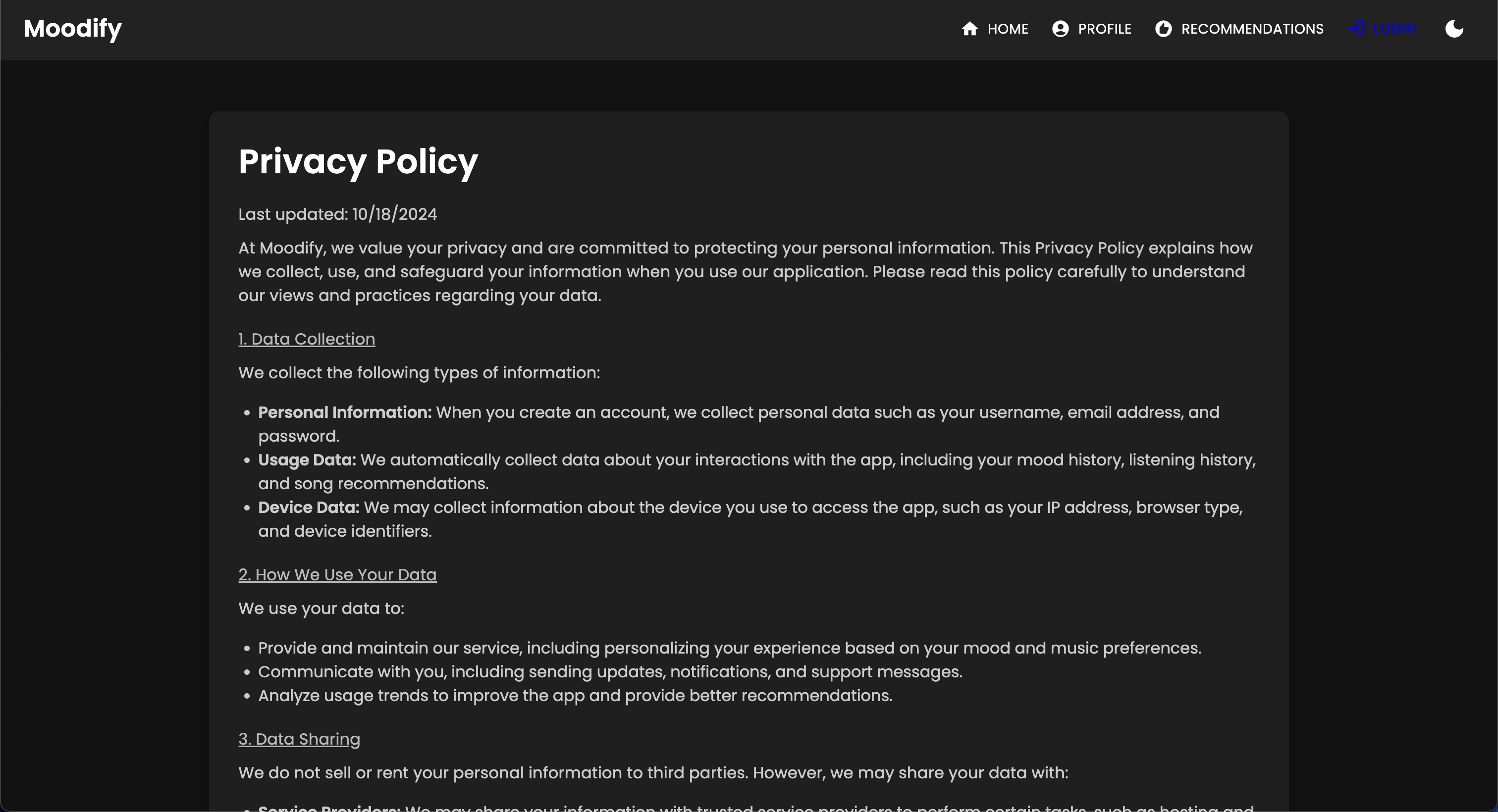 Privacy Policy Page - Dark Mode