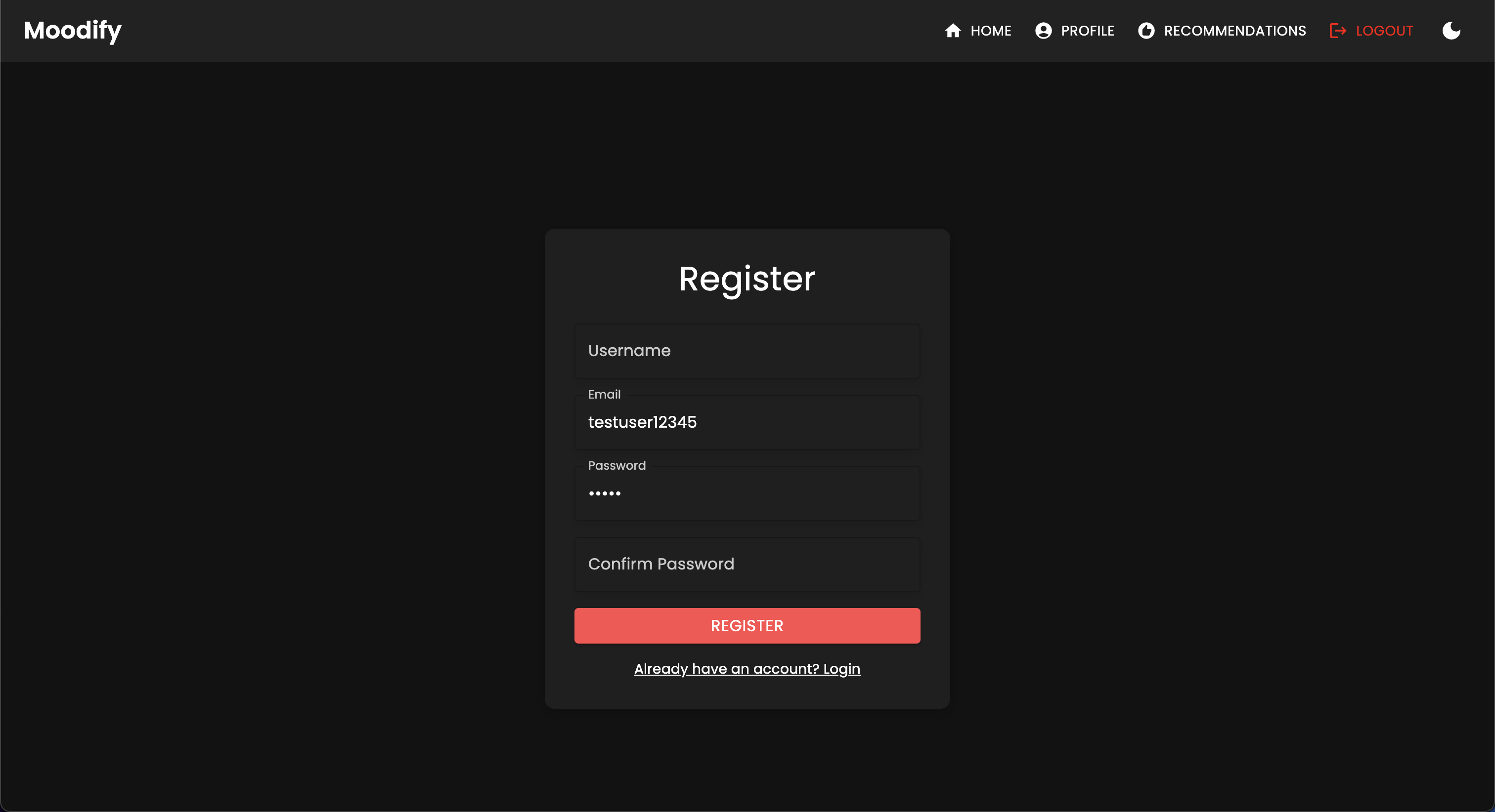 Registration Page - Dark Mode