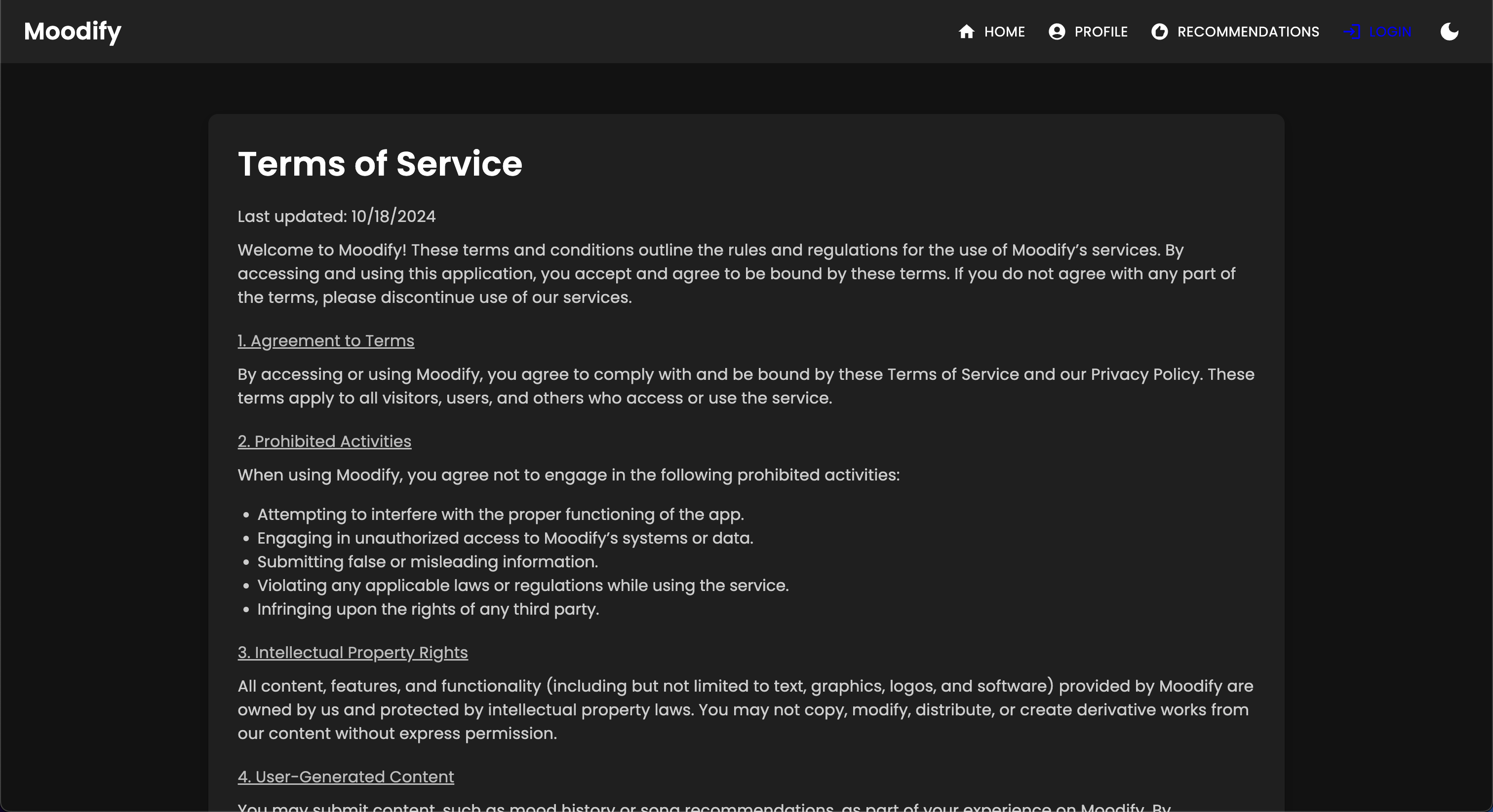 Terms of Service Page - Dark Mode