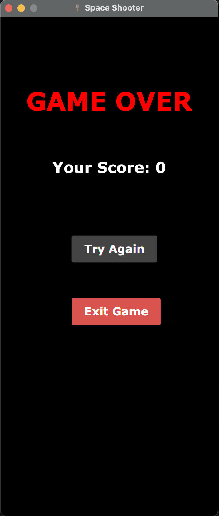 Space Shooter Game Losing Screen