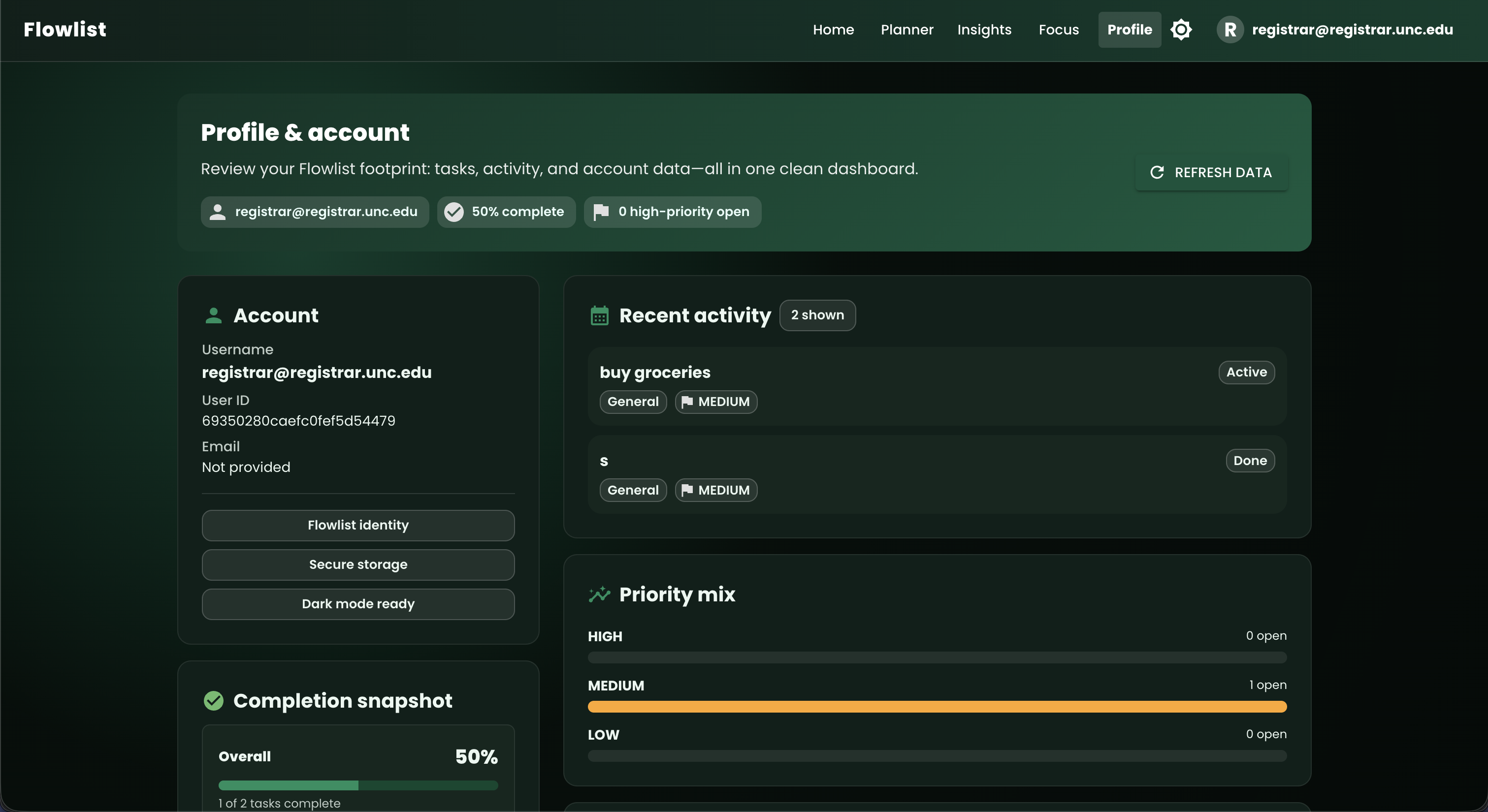 Profile Page in Dark Mode