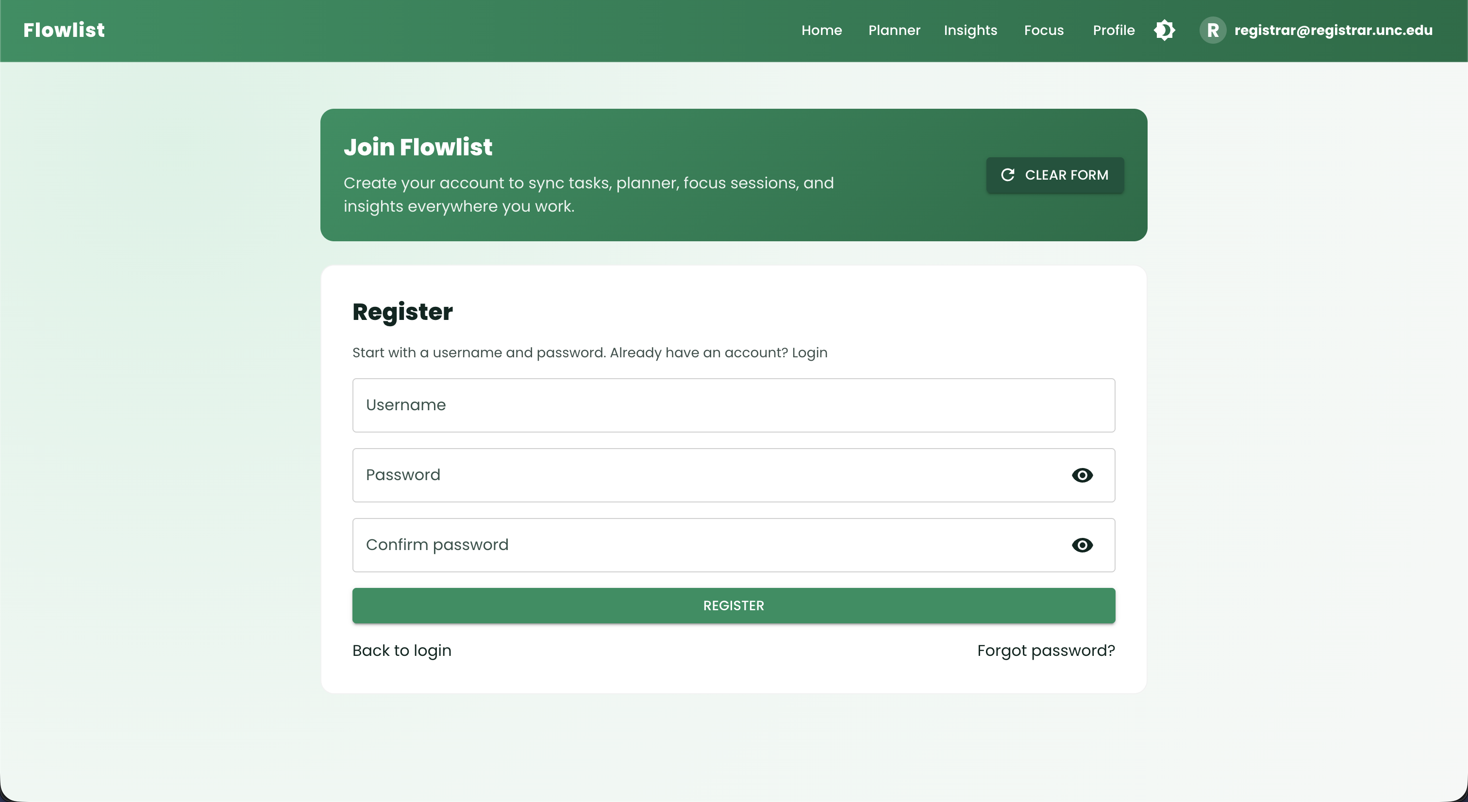 Register Page in Dark Mode